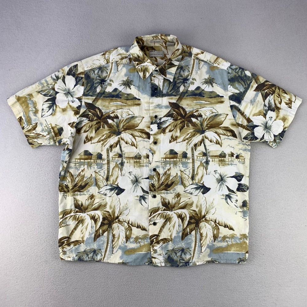 VTG Natural Issue Soft Washed Hawaiian Shirt‎ Mens M Tan Tropical Palm Tree